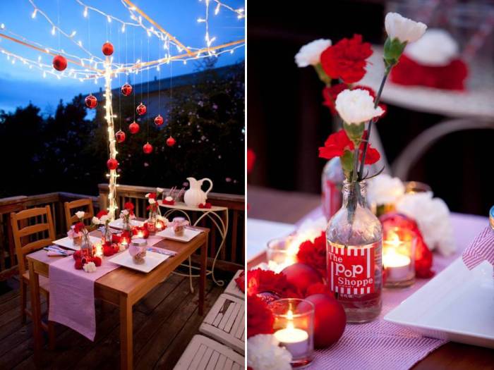 Red and white wedding decor for tables