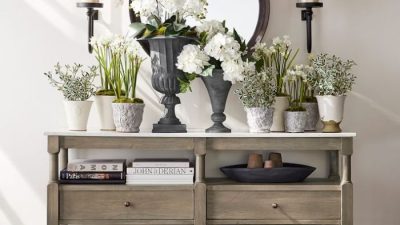 Console table decor behind sofa