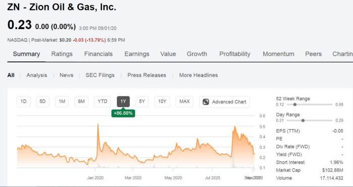 Zion oil & gas stock price